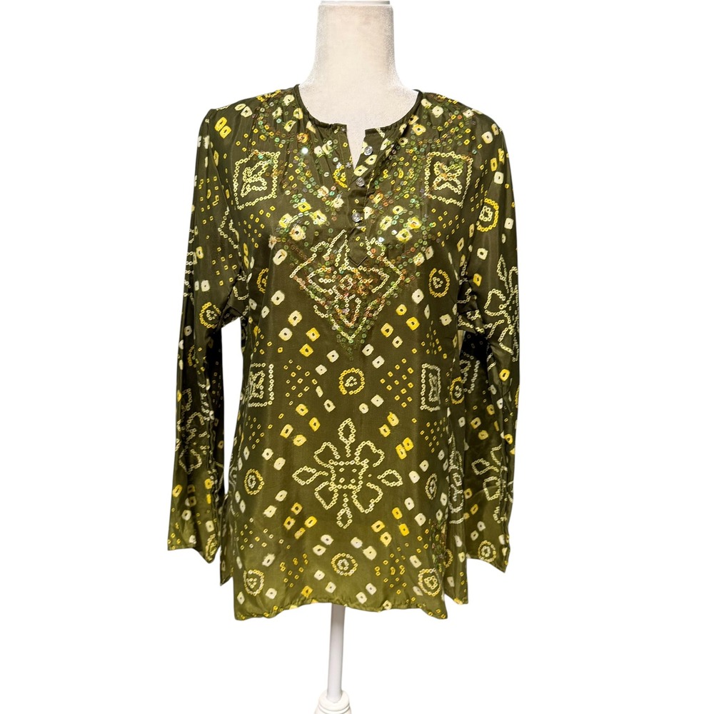 Vtg Womens 10 Tunic Top 100% Silk Beaded Vacation Resortwear Boho Coastal Hippie